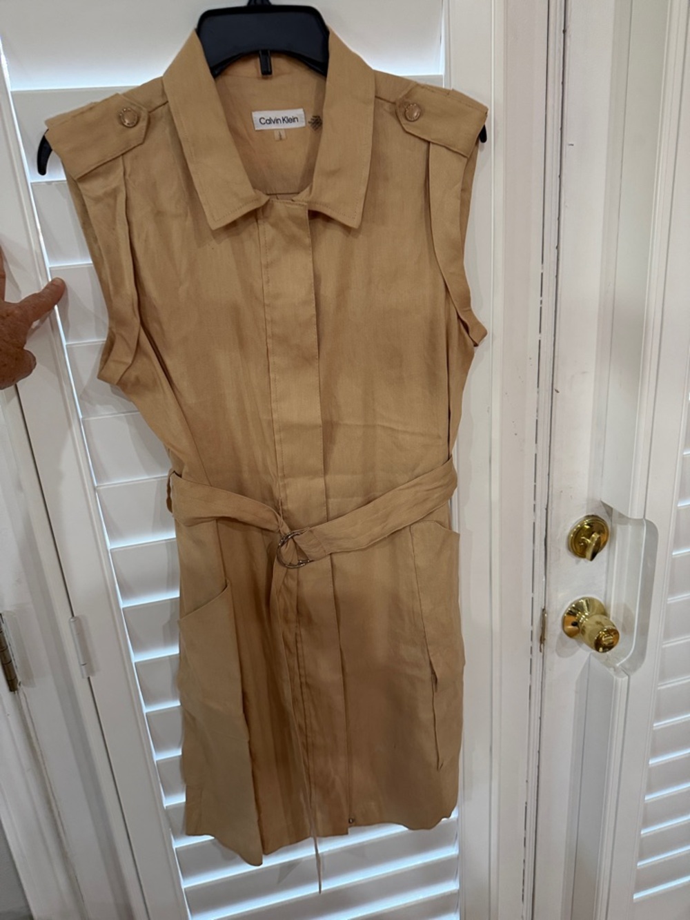 Calvin Klein Beige Tan Sleeveless Belted Shirt Dress